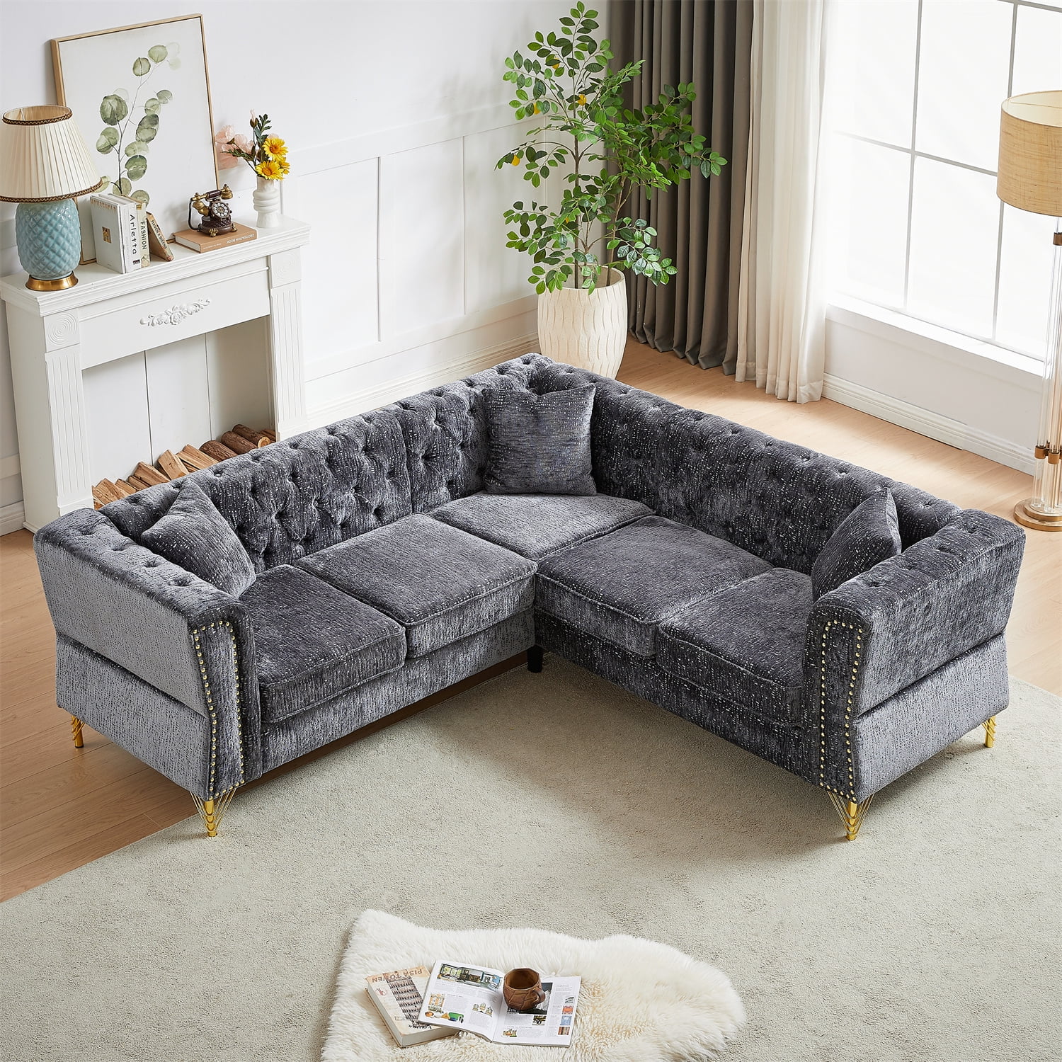 LShaped Sectional Sofa, 5Seater Chesterfield Chenille Corner Sofa