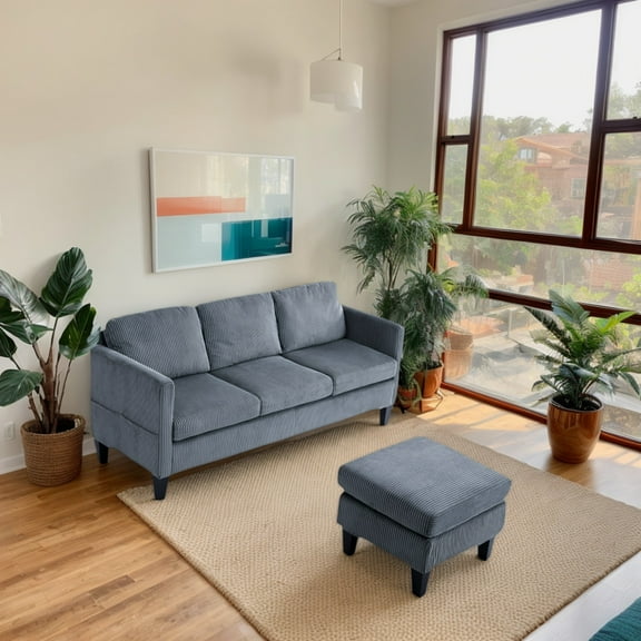 L-Shaped Sectional Sofa,67" Corduroy 3-Seat Small Sofa Couch with Ottoman for Small Living Room,Living Rooms,Apartments,Gray