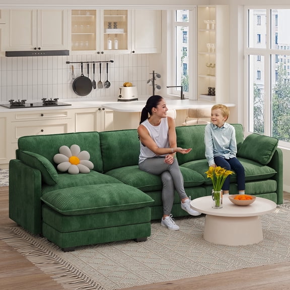 L Shaped Sectional Sofa,Asofer Modular Cloud Sofa with Movable Ottoman with 2 Pillows for Living Room, Bedroom and Apartment, Green