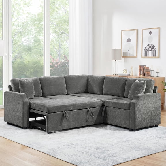 L-Shaped Sectional Sofa Bed 81.9" Upholstered Convertible Pull-Out Sofa Sleeper with Hidden Storage Compartment for Living Room