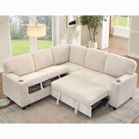EPOWP 81" Modular Sectional Sofa, L-Shaped 5-Seater Sleeper Sofa with Pull-Out Bed, Corduroy Couch with Hidden Storage Chaise, Cup Holders & USB Charging Ports, Convertible Sofa Bed,Beige