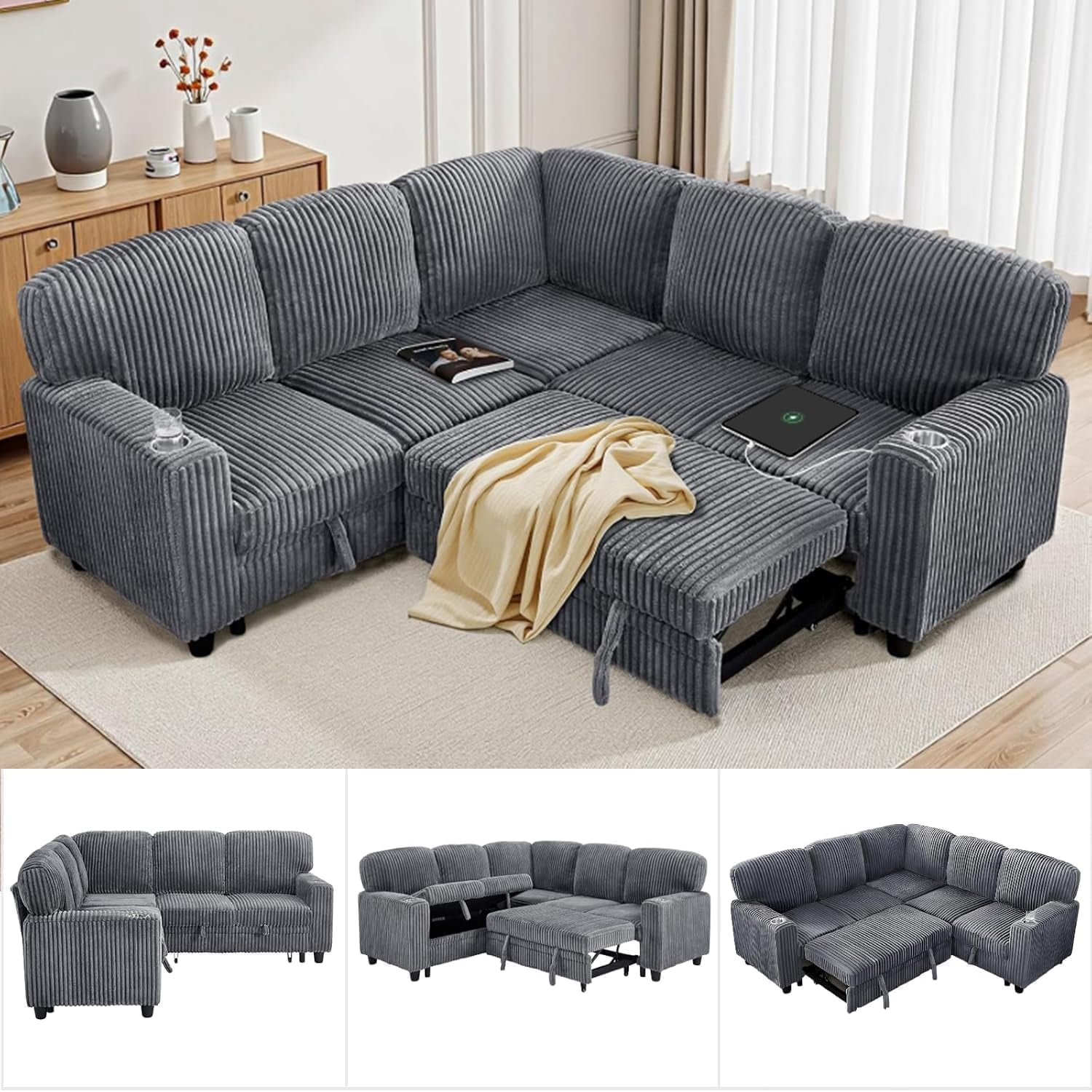 EPOWP 81" Modular Sectional Sofa, L-Shaped 5-Seater Sleeper Sofa with Pull-Out Bed, Corduroy Couch with Hidden Storage Chaise, Cup Holders & USB Charging Ports, Convertible Sofa Bed,Gray