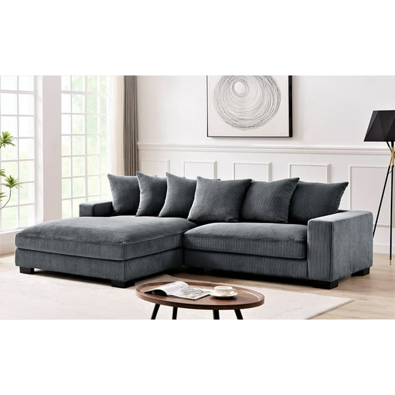 L-Shaped Sectional Sofa with Chaise, Corduroy Upholstered Oversized Modular Couch for Living Room, Dark Gray 4-Seater Left-Facing Two-Piece Sofa, Plush Family-Friendly Design
