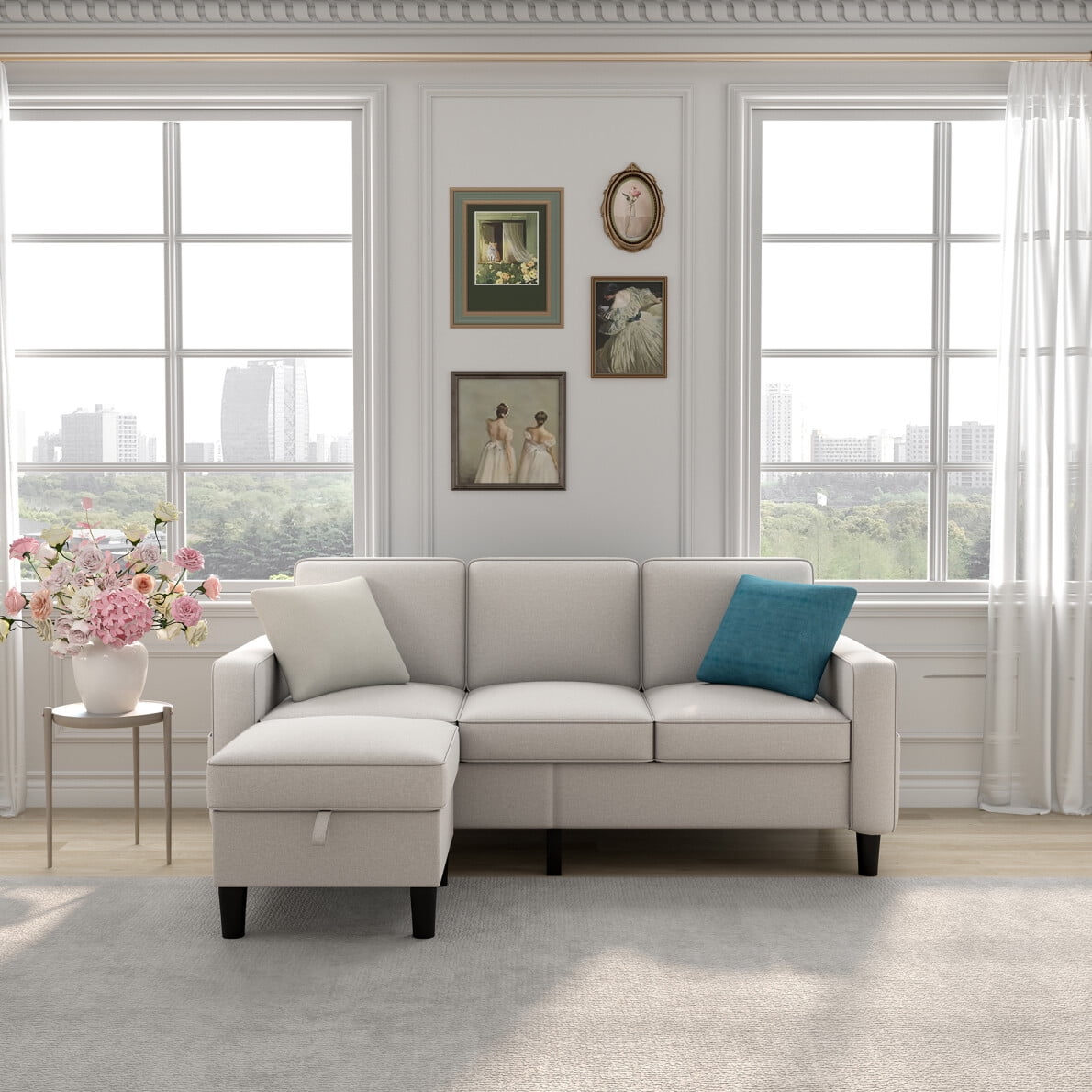 L-Shaped Sectional Sofa with Chaise Lounge, Linen Fabric Upholstered 3 ...