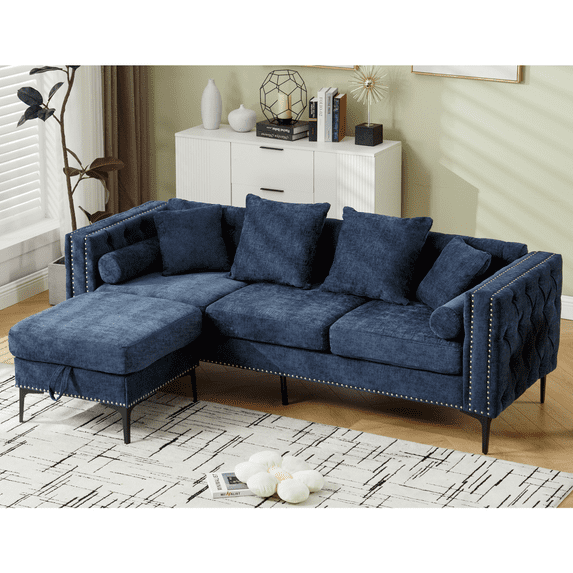 L Shaped Sectional Sofa, Convertible Storage Ottoman, Chenille, Square Arm, Modern Tufted Couch ,3 Seater, And Nailhead