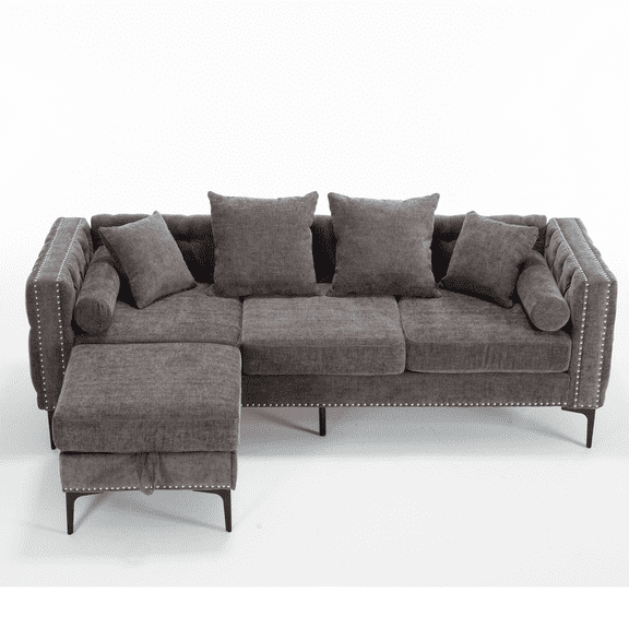 L Shaped Sectional Sofa, Convertible Storage Ottoman, Chenille, Square Arm, Modern Tufted Couch, 3 Seater and Nailhead (Gray)