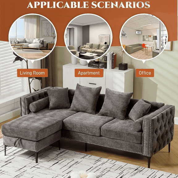 L-Shaped Sectional Sofa with Convertible Storage Ottoman, Modern Tufted Chenille 3-Seater Couch with Square Arms and Nailhead Trim, Comfortable Space-Saving Design for Living Room, Dark Gray