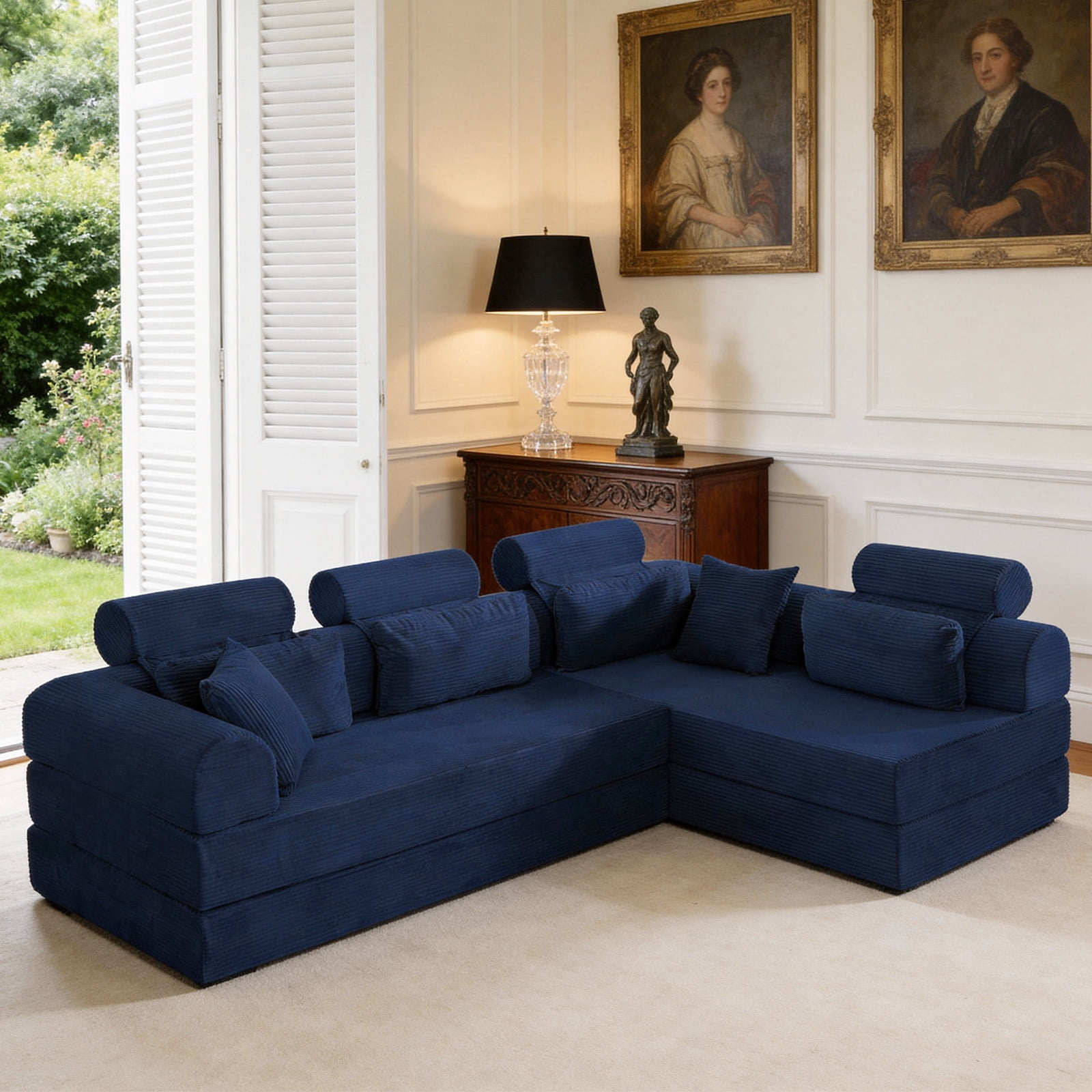 L-Shaped Sectional Sofa Converts to Bed, Corduroy Chaise Lounge with 28D High-Density Foam, No Assembly Compressed Couch for Apartments and Studios, Blue