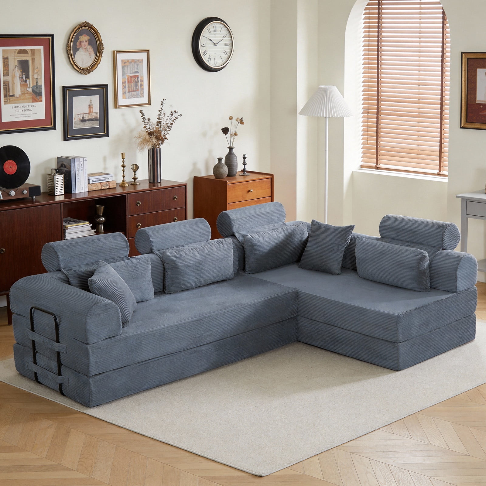 L-Shaped Sectional Sofa Converts to Bed, Corduroy Chaise Lounge with 28D High-Density Foam, No Assembly Compressed Couch for Apartments and Studios, Dark Gray