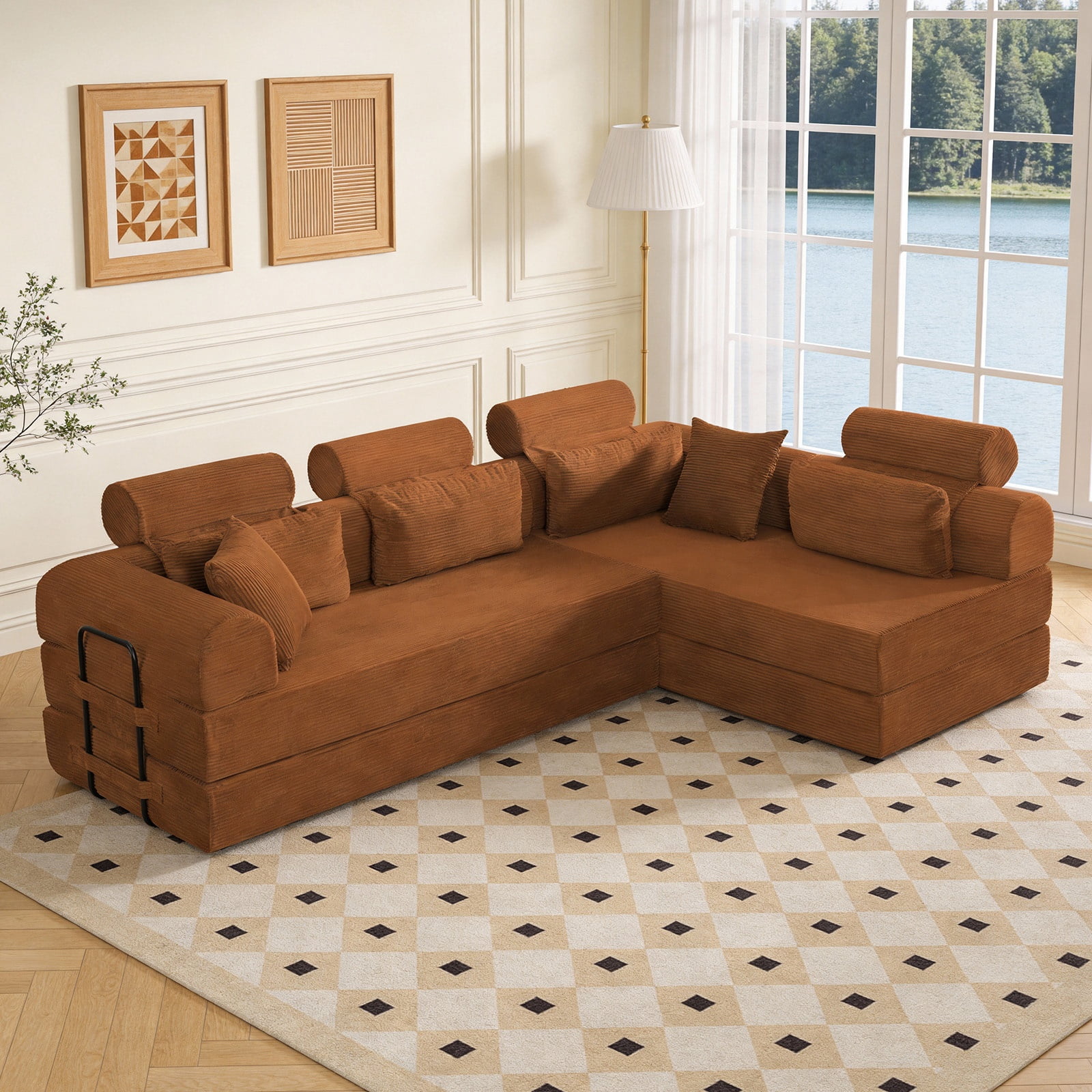 L-Shaped Sectional Sofa Converts to Bed, Corduroy Chaise Lounge with 28D High-Density Foam, No Assembly Compressed Couch for Apartments and Studios, Orange
