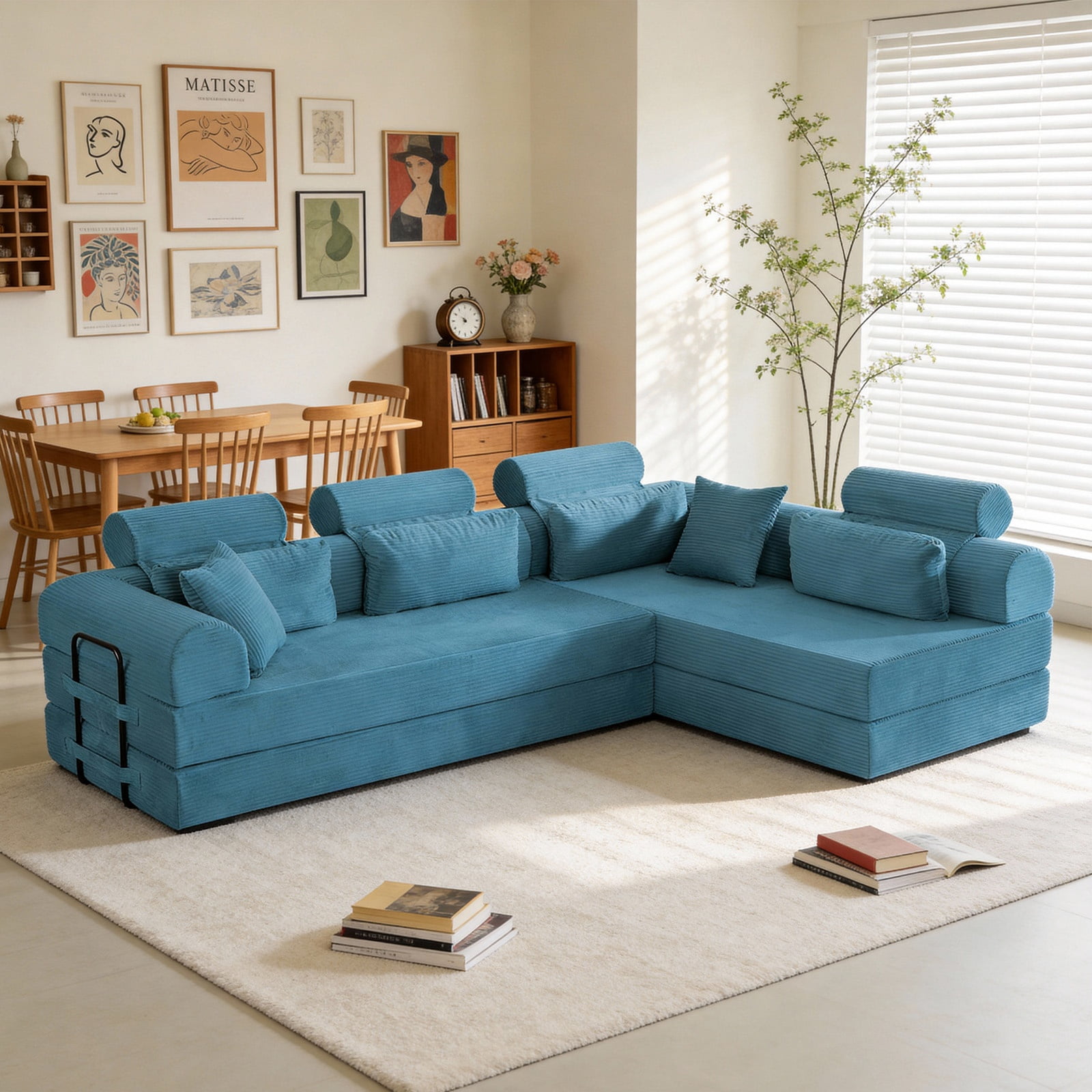 L-Shaped Sectional Sofa Converts to Bed, Corduroy Chaise Lounge with 28D High-Density Foam, No Assembly Compressed Couch for Apartments and Studios, Sky Blue