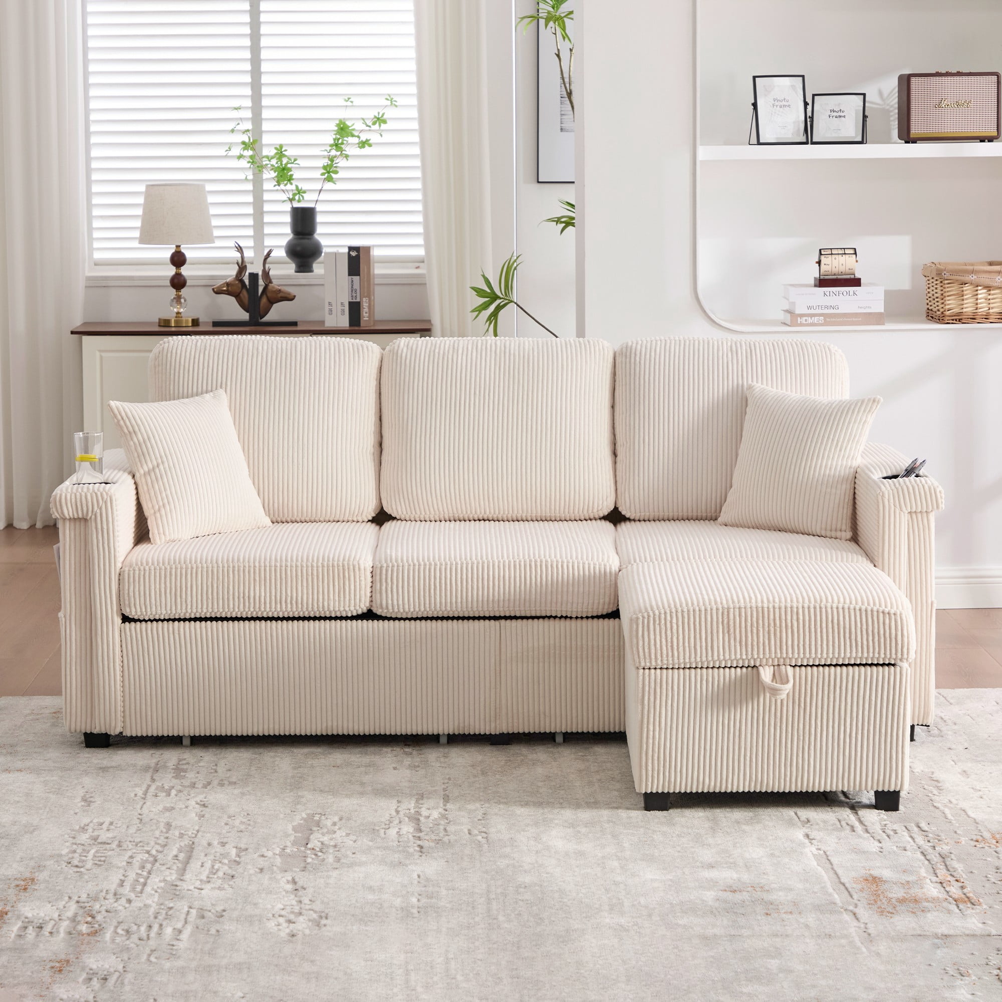 L-Shaped Sectional Sofa,Corduroy Convertible 3-Seat Sofa Couch with Pull-Out Storage,Ottoman for Living Room,Apartment,Beige