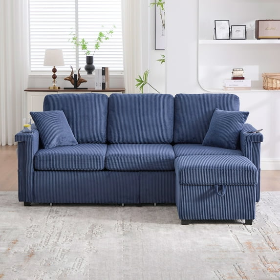 L-Shaped Sectional Sofa,Corduroy Convertible 3-Seat Sofa Couch with Pull-Out Storage,Ottoman for Living Room,Apartment,Navy