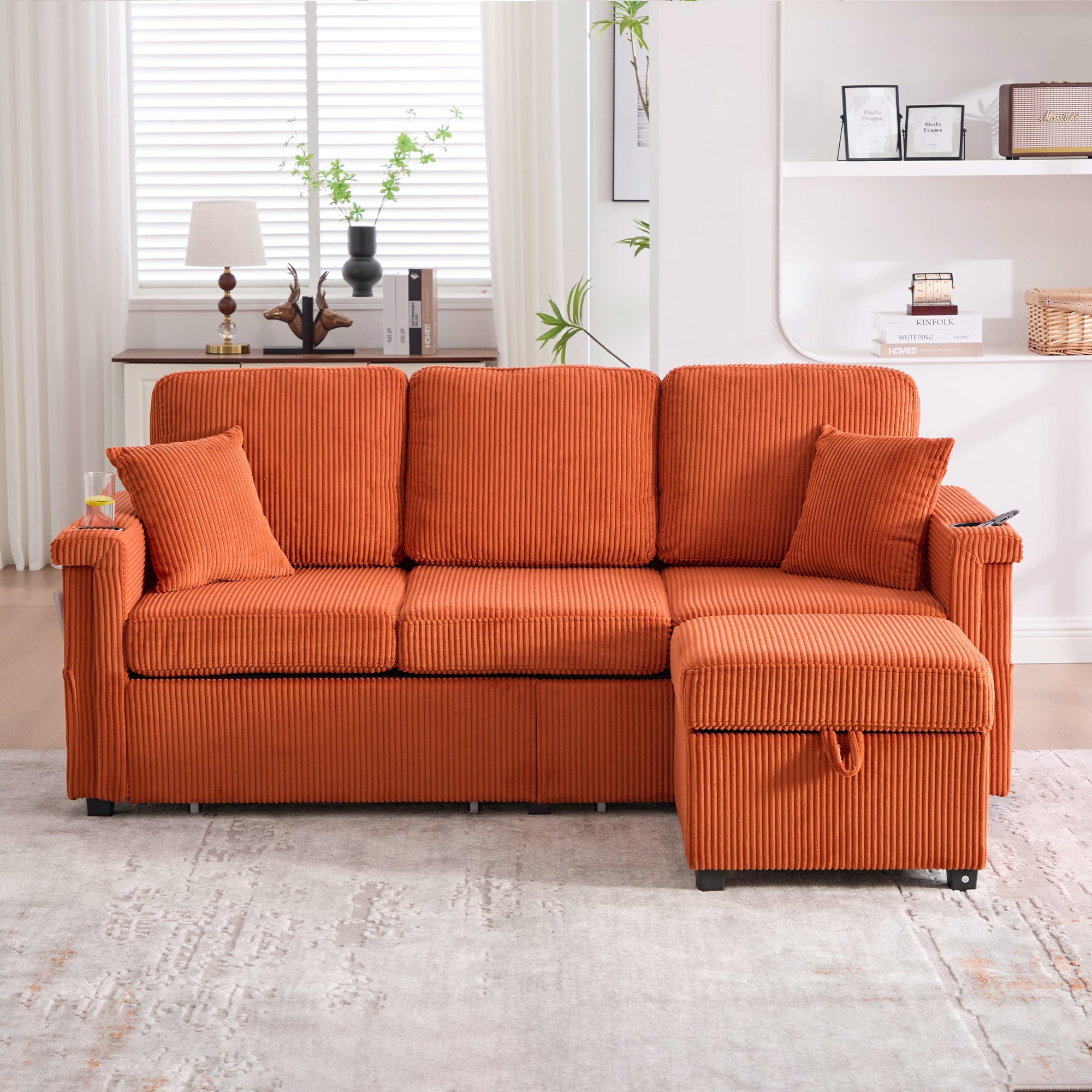 L-Shaped Sectional Sofa,Corduroy Convertible 3-Seat Sofa Couch with Pull-Out Storage,Ottoman for Living Room,Apartment,Orange