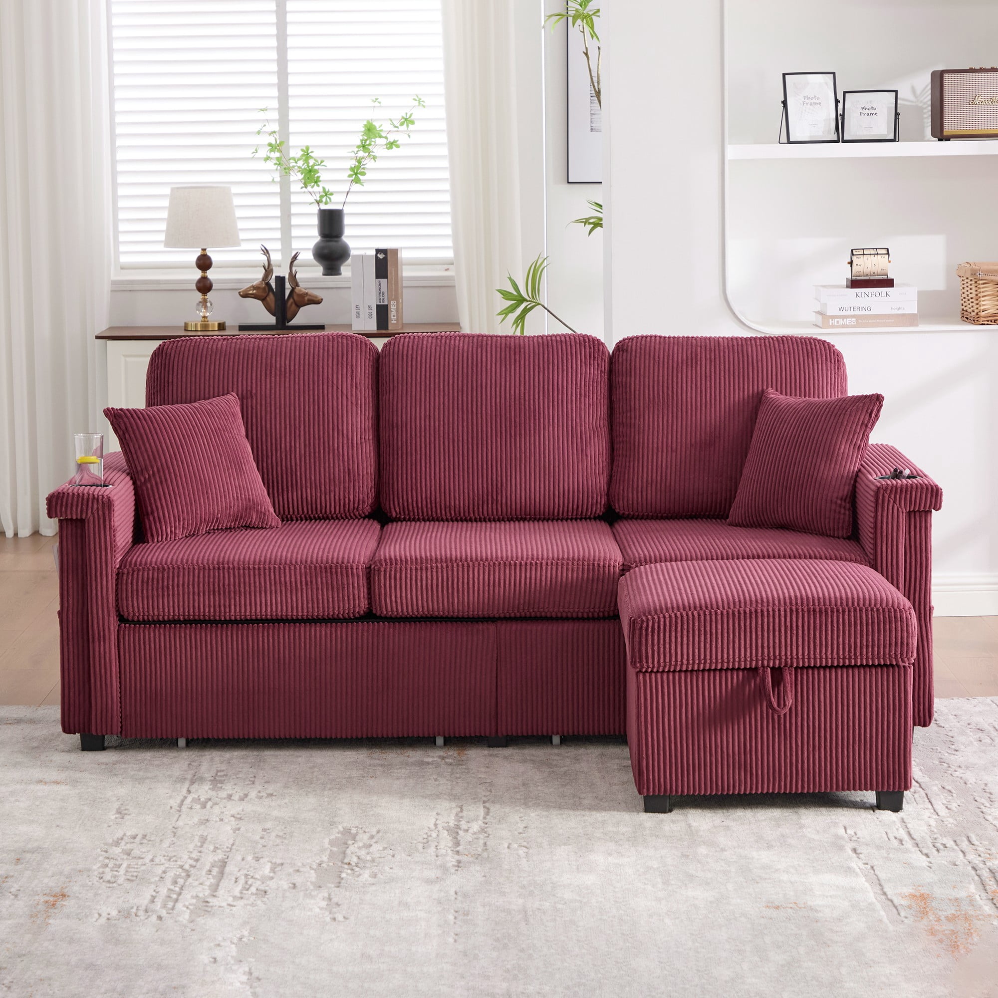 L-Shaped Sectional Sofa,Corduroy Convertible 3-Seat Sofa Couch with Pull-Out Storage,Ottoman for Living Room,Apartment,RED