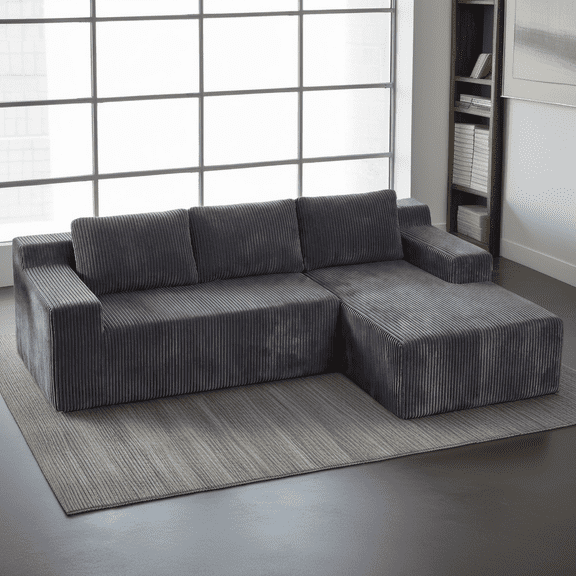 L Shaped Sectional Sofa, Corduroy Modular Floor Couch Set, No Assembly Compressed Foam Sofa, Modern 3-Seat L-Shape for Living Room, Antique Grey