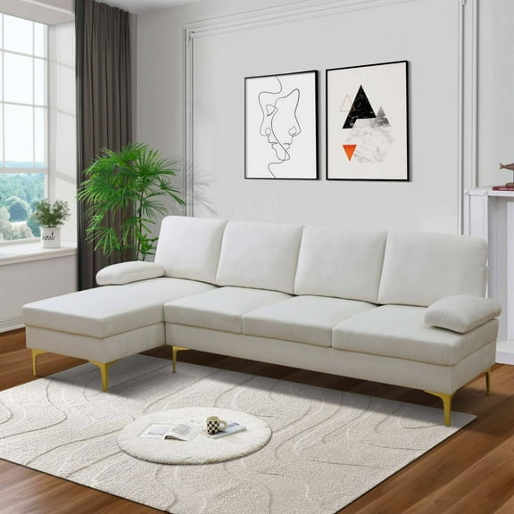 L Shaped Sectional Sofa Couch, 4 Seat Velvet Sofa Set with Left Chaise Lounge for Living Room, Off-White