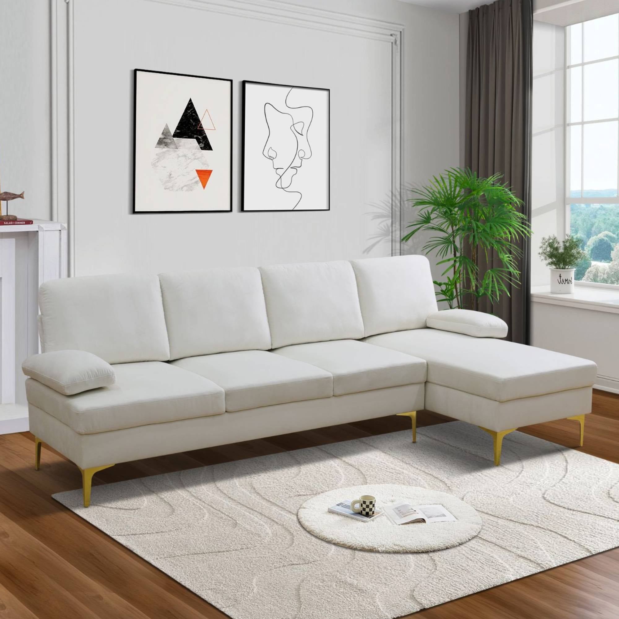 L Shaped Sectional Sofa Couch, 4 Seat Velvet Sofa Set with Right Chaise Lounge for Living Room, Off-White