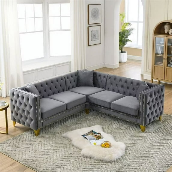 L-Shaped Sectional Sofa Couch, 82.2-Inch Velvet Tufted Upholstered Accent Sofa with Nailhead Trim and Gold Metal Legs, 5-Seater Chesterfield Corner Sofa with 3 Cushions for Living Room Office, Gray