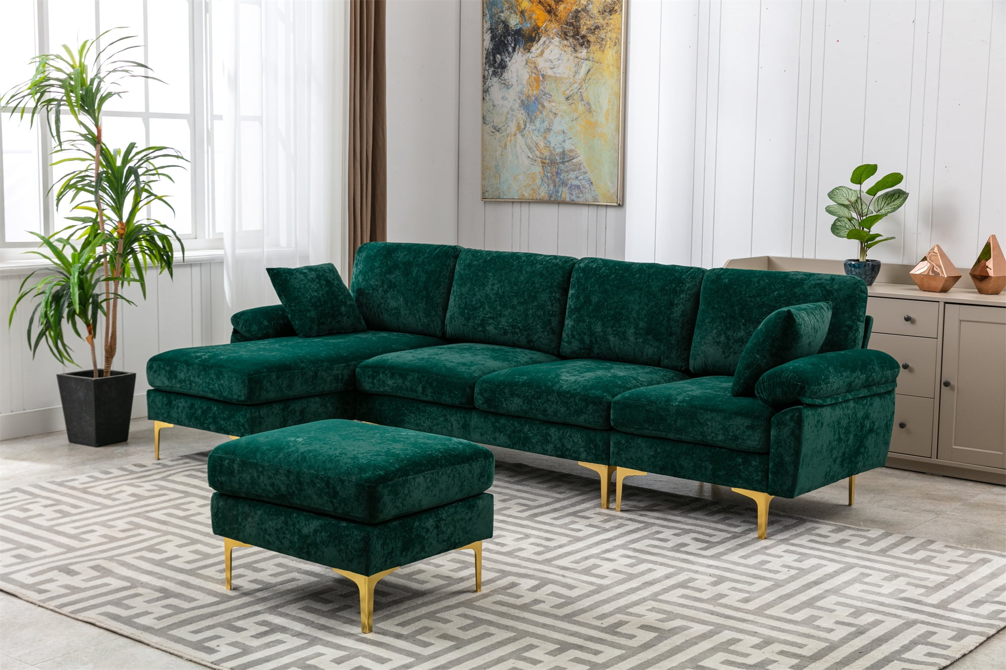 L Shaped Sectional Sofa Couch with Removable Ottoman, Velvet Sectional Couches for Living Room