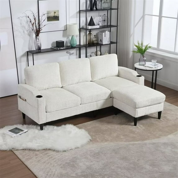 L-Shaped Sectional Sofa Couch with Storage Ottoman, 77 Inch Modern Chenille Fabric Upholstered Accent Sofa with Solid Wood Legs, 3 Seater Sofa for Living Room Office Small Space, Beige