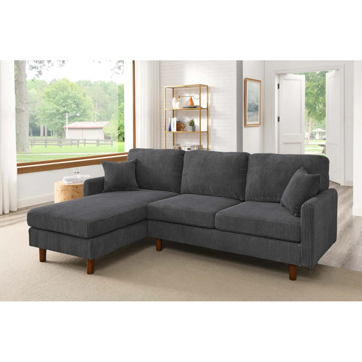 L-Shaped Sectional Sofa Couch for Living Room,Modern Corduroy Upholstered with Wooden Legs & Pillows,Deep Seat,Dark Gray