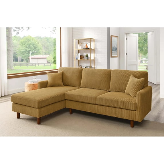 L-Shaped Sectional Sofa Couch for Living Room,Modern Corduroy Upholstered with Wooden Legs & Pillows,Deep Seat,Ginger