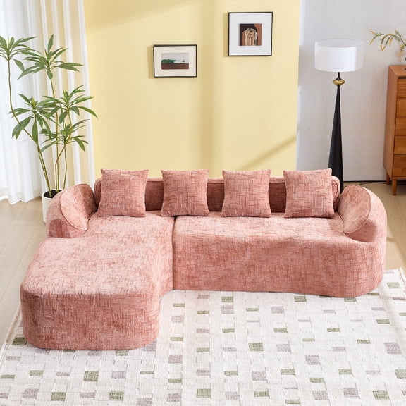 L Shaped Sectional Sofa Couches, Compressed Modular Sectional Sofa with Deep Seat, Chenille Comfy Couch with Curved Armrests and 4 Throw Pillows for Living Room, Apartment, Office, Pink