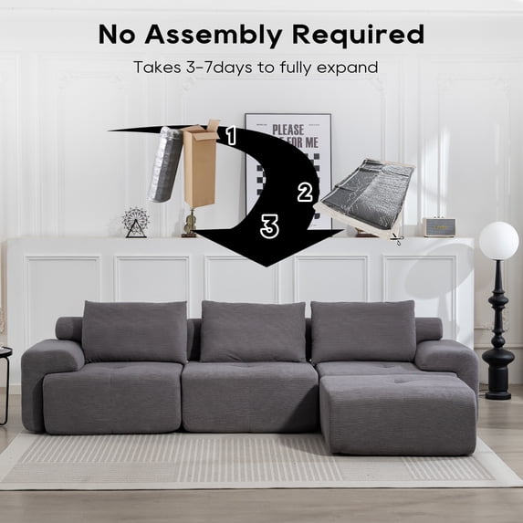 L-Shaped Sectional Sofa with Memory Foam & Steel Frame, No-Assembly Convertible Sofa Bed, Corduroy Fabric Modular Couch for Apartments, Home Theater, Grey