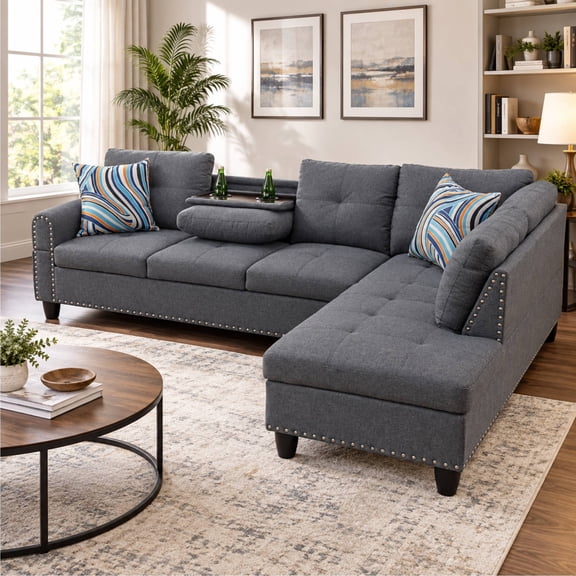 L-Shaped Sectional Sofa, Modern 4-Seat Couch with Built-in Cup Holders Sectional Couch with Left Facing Chaise for Living Room, Grey