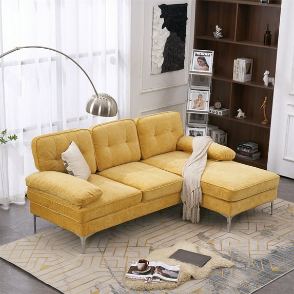 L-Shaped Sectional Sofa, Modern Chenille Upholstered Accent Sofa with Padded Backrest and Metal Legs, 3-Seat Corner Sectional Sofa for Small Living Room Apartment and Office, Yellow