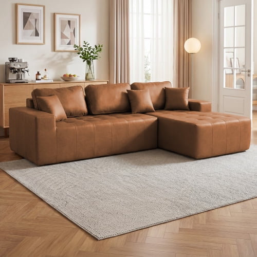 L Shaped Sectional Sofa, Modern Corner Chaise Couch, Faux Leather Convertible Sofa Bed, No Assembly, Compression Packaged, Living Room Apartment Guest Room, Light Brown