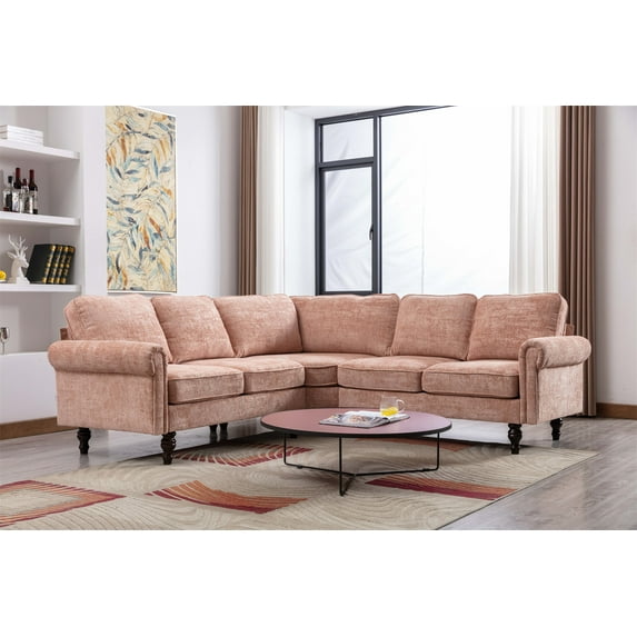 L-Shaped Sectional Sofa, Modern Upholstered Accent Sofa with Padded Back and Wood Legs Sectional Couch for Living Room Bedroom Apartment, Pink