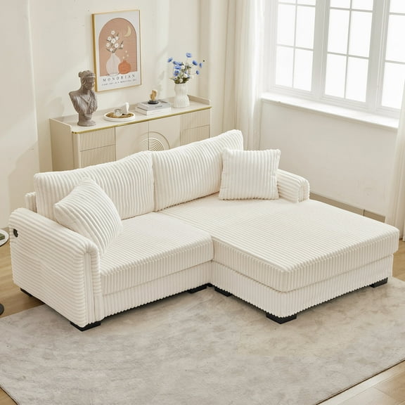 L-Shaped Sectional Sofa, Modular Corduroy Couch with Reversible Chaise, USB Charging Port, Side Pocket, Deep Seat Corner Couch for Living Room, Apartment, Ivory White