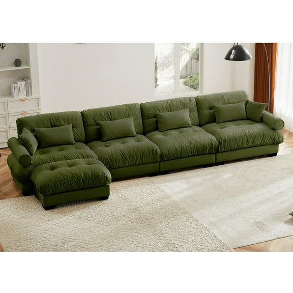 L Shaped Sectional Sofa with Modular Design, Deep Seating & Convertible Corner Couch Olive Green Velvet Upholstery, Adjustable Waist Pillows & Bolstered Armrests for Modern Living Rooms