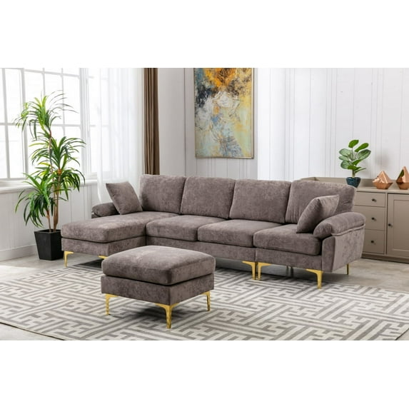 L-Shaped Sectional Sofa with Movable Ottaman, Modern Upholstered Accent Sofa with 2 Pillows Padded Back and Gold Metal Legs Sectional Couch for Living Room Bedroom Apartment, Gray