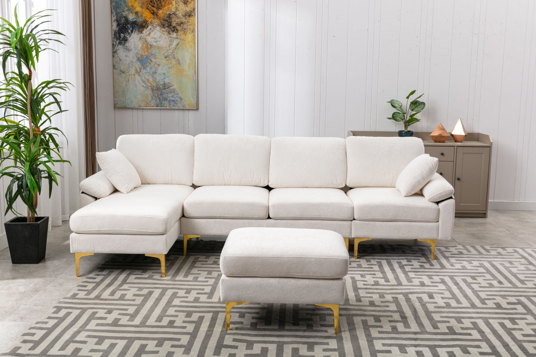 LShaped Sectional Sofa with Movable Ottoman, Upholstered Accent Sofa