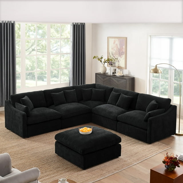 L-Shaped Sectional Sofa with Ottoman, 6 Seater Modular Oversized Chenille Upholstered Couch with 10 Pillows & Removabled Down-Filled Seat Cushion, Leisure Sofa for Living Room Office, Black