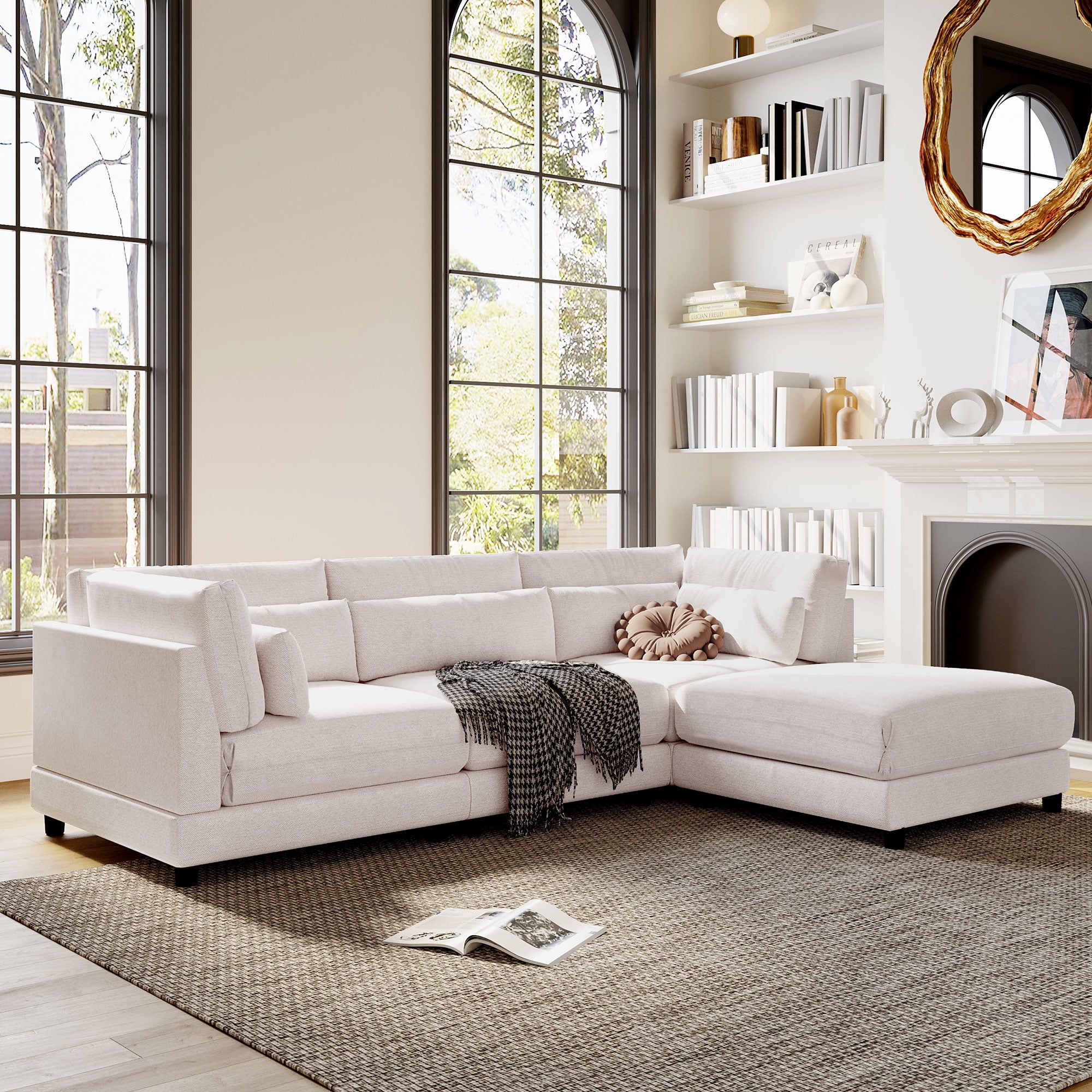 LShaped Sectional Sofa with Removeable Ottoman and 4 Waist Pillows