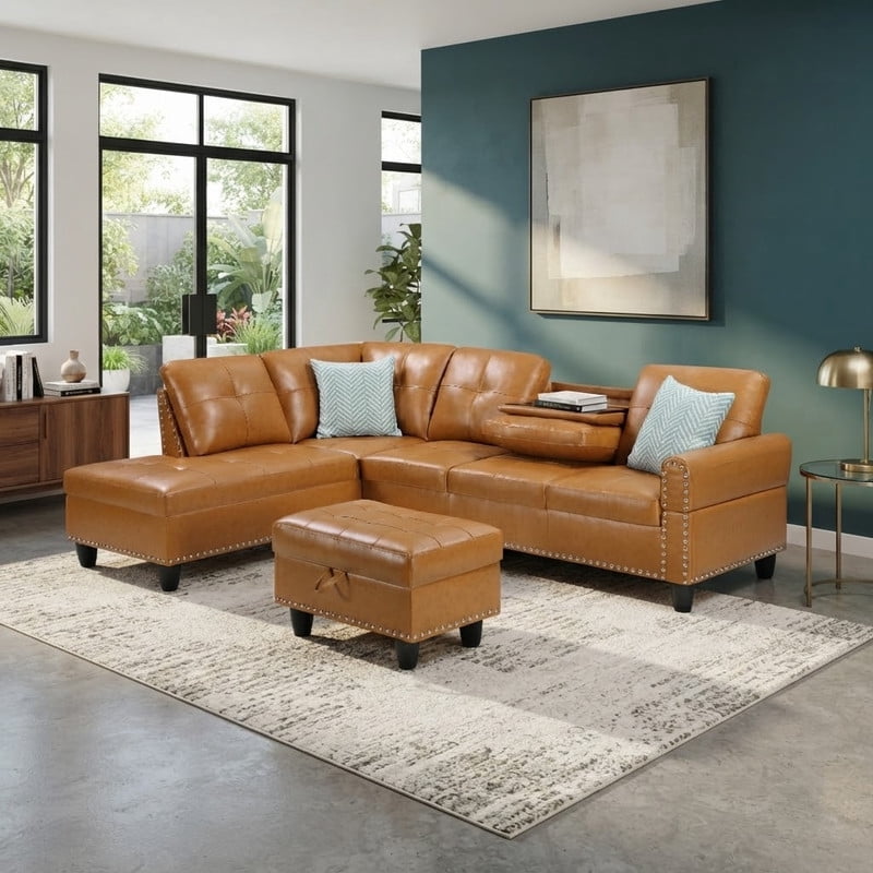 L-Shaped Sectional Sofa with Storage Ottoman, 4-Seat Modern Couch with Left-Facing Chaise and Built-In Cup Holders, Faux Leather Modular Sofa for Living Room, Apartment, Office