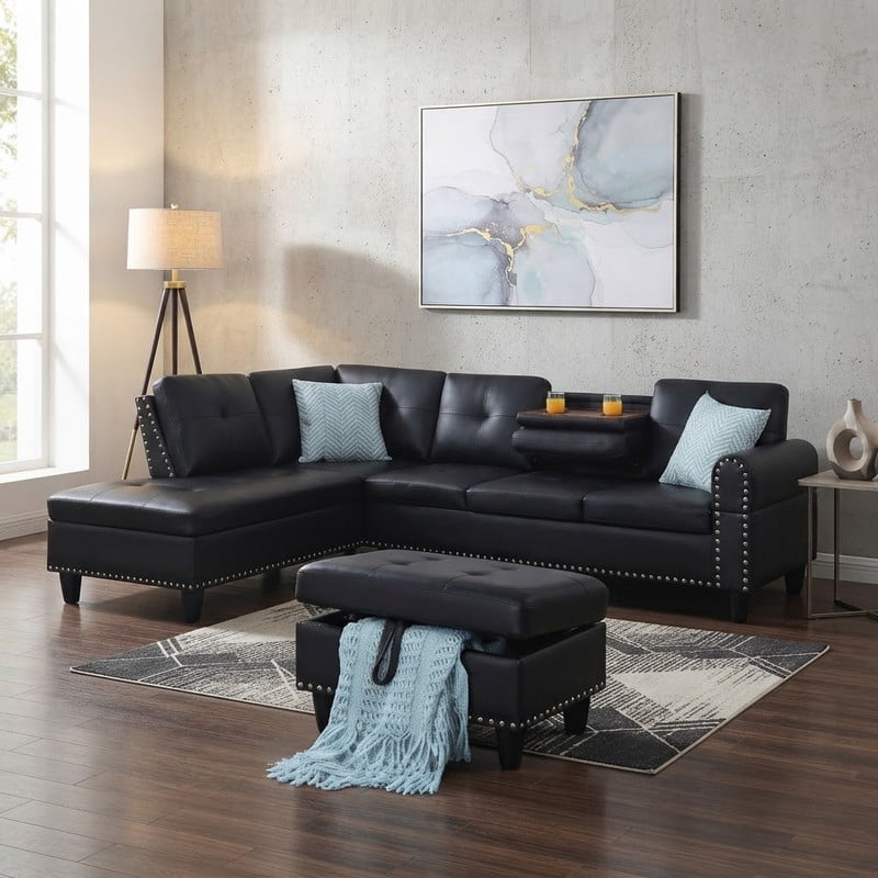 L-Shaped Sectional Sofa with Storage Ottoman, 4-Seat Modern Couch with Left-Facing Chaise and Built-In Cup Holders, Faux Leather Modular Sofa for Living Room, Apartment, Office