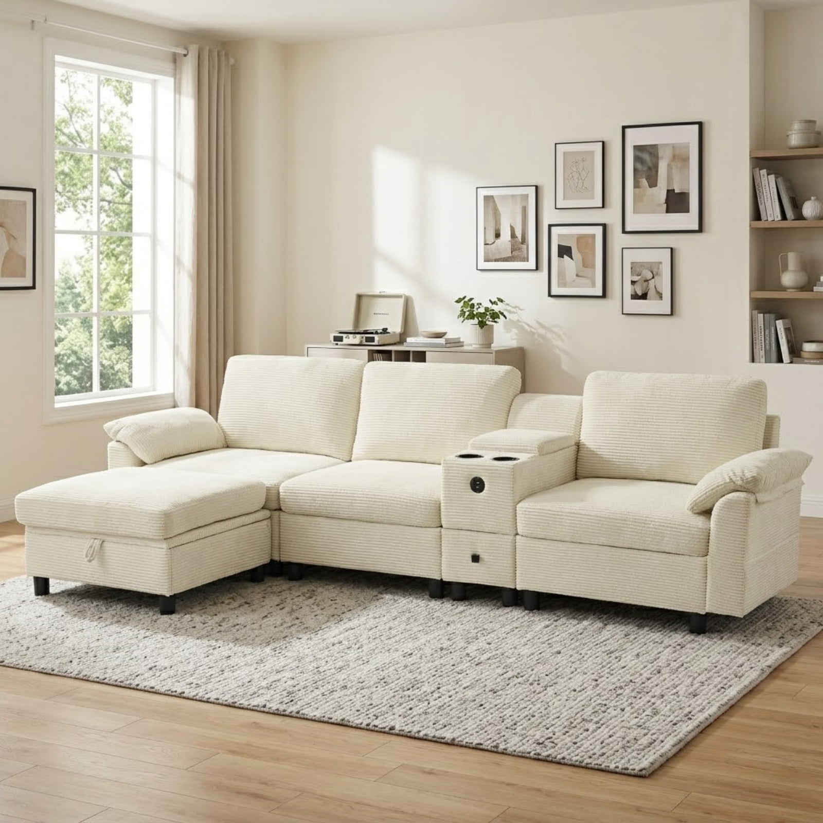 L-Shaped Sectional Sofa with Storage Ottoman and Side Storage Armrest Pockets, 3-Seater Sofa Couch with Beverage Cup Holder Central Console for Living Room Apartment