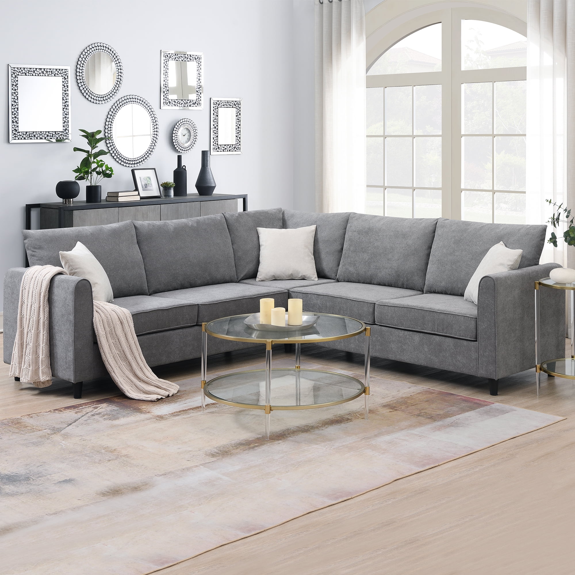 Gray 91'' L-Shaped Upholstered Sectional Sofa with Wood Legs