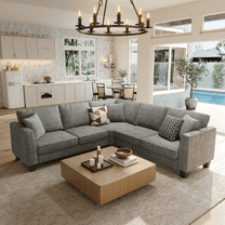 L Shaped Sectional Sofa for Living Room, Small Corner Couch with 3 Throw Pillows, Chenille Fabric, Grey
