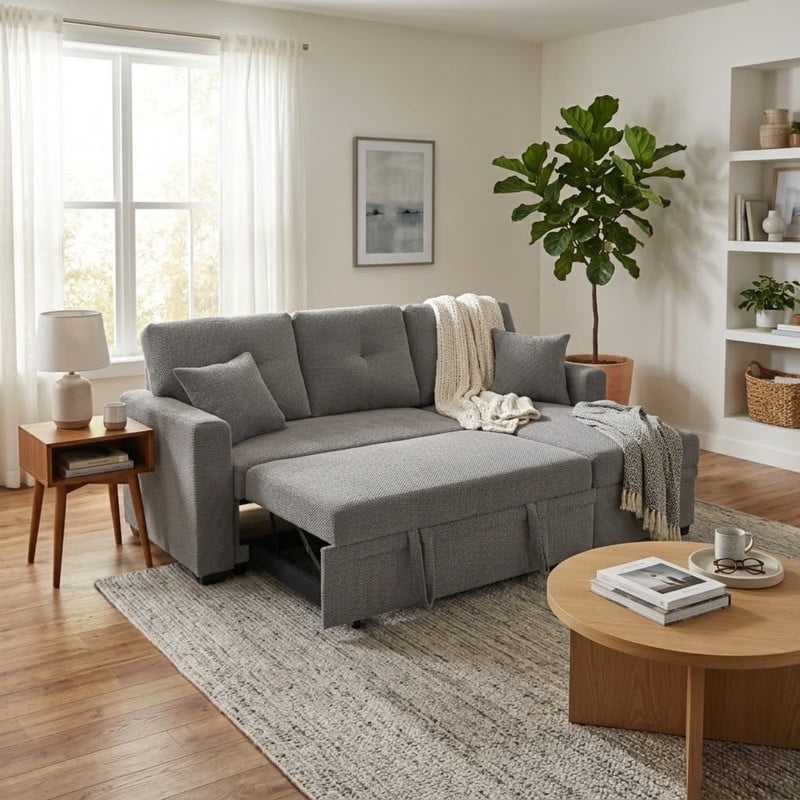 L-Shaped Sectional Sofa with Pull-Out Bed and Reversible Chaise, Convertible Sleeper Sofa Bed Modern Couch Bed for Living Room Apartment