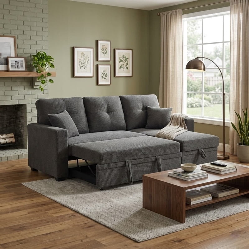 L-Shaped Sectional Sofa with Pull-Out Bed and Reversible Chaise, Convertible Sleeper Sofa Bed Modern Couch Bed for Living Room Apartment