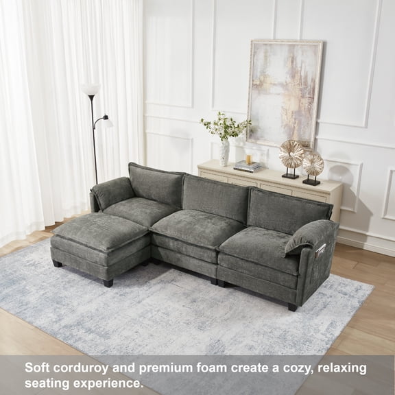 L-Shaped Sectional Sofa with Storage, 107-Inch Cotton-Linen Velvet Corner Couch for Living Room and Office, Aqua French Bulldog
