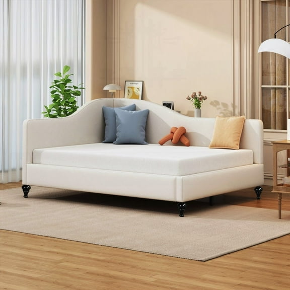 L-Shaped Semi-Enclosed Full Size Linen Daybed Featuring Solid Wood Legs and Beige Color