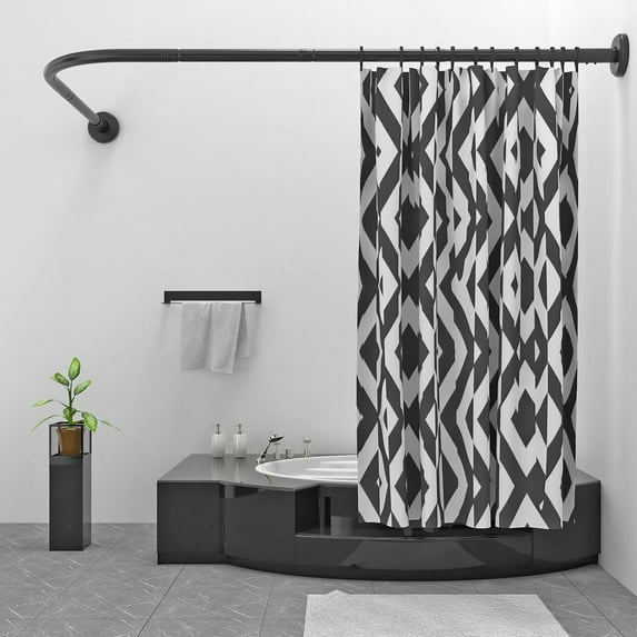 L Shaped Shower Curtain Rod 29.5"x66.9", 304 Stainless Steel Corner Shower Curtain Rod for Bathroom, curved shower curtain rod with 12 Rings - Black