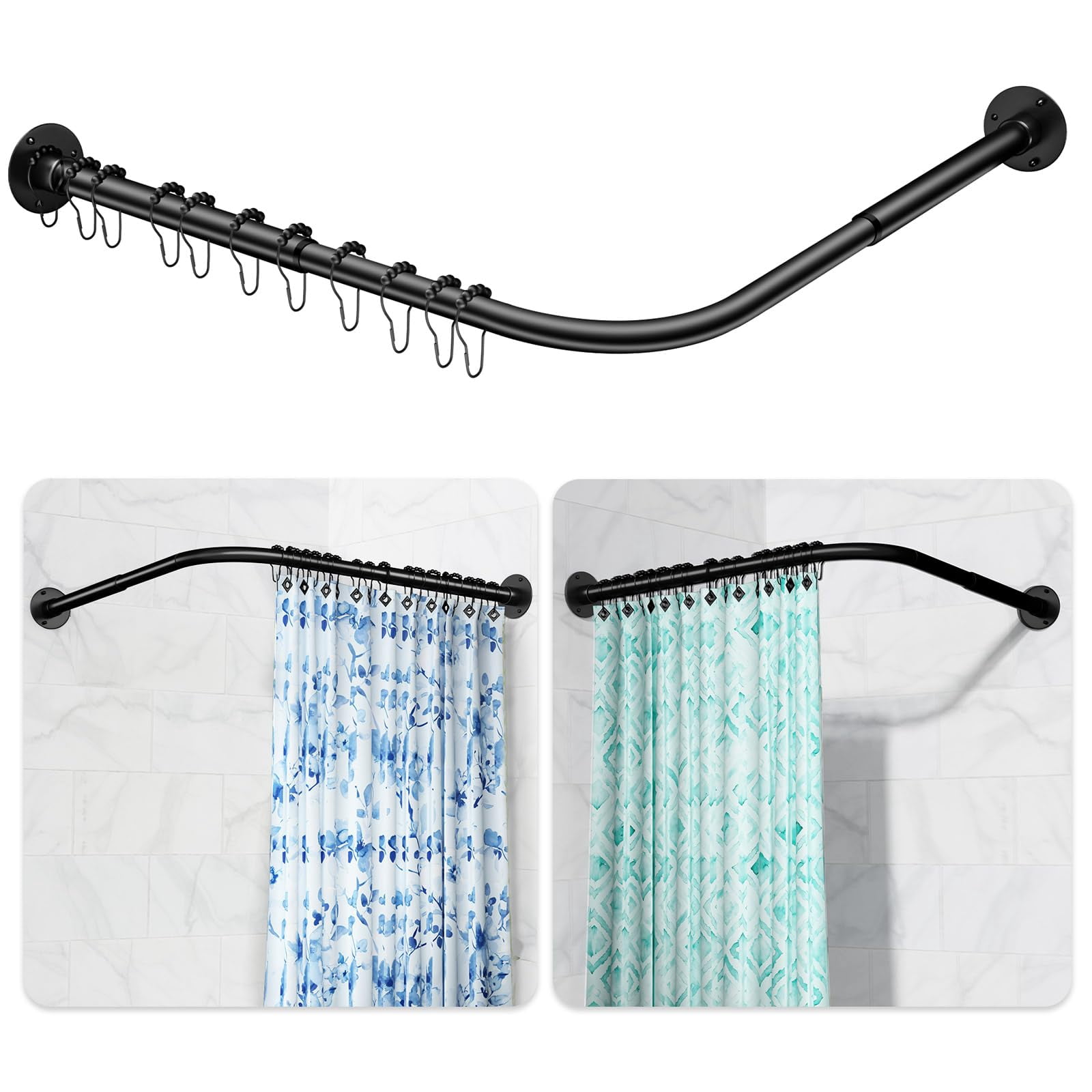 L Shaped Shower Curtain Rod, [39"-53"] x [71"-85"] Adjustable Corner Shower Curtain Rod, No ...